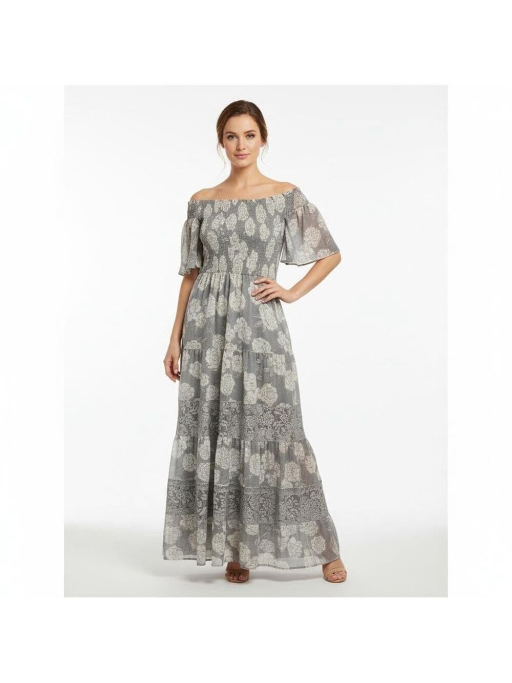 Joyfolie Floral Maxi Dress XL Boho Off Shoulder Tiered Lace